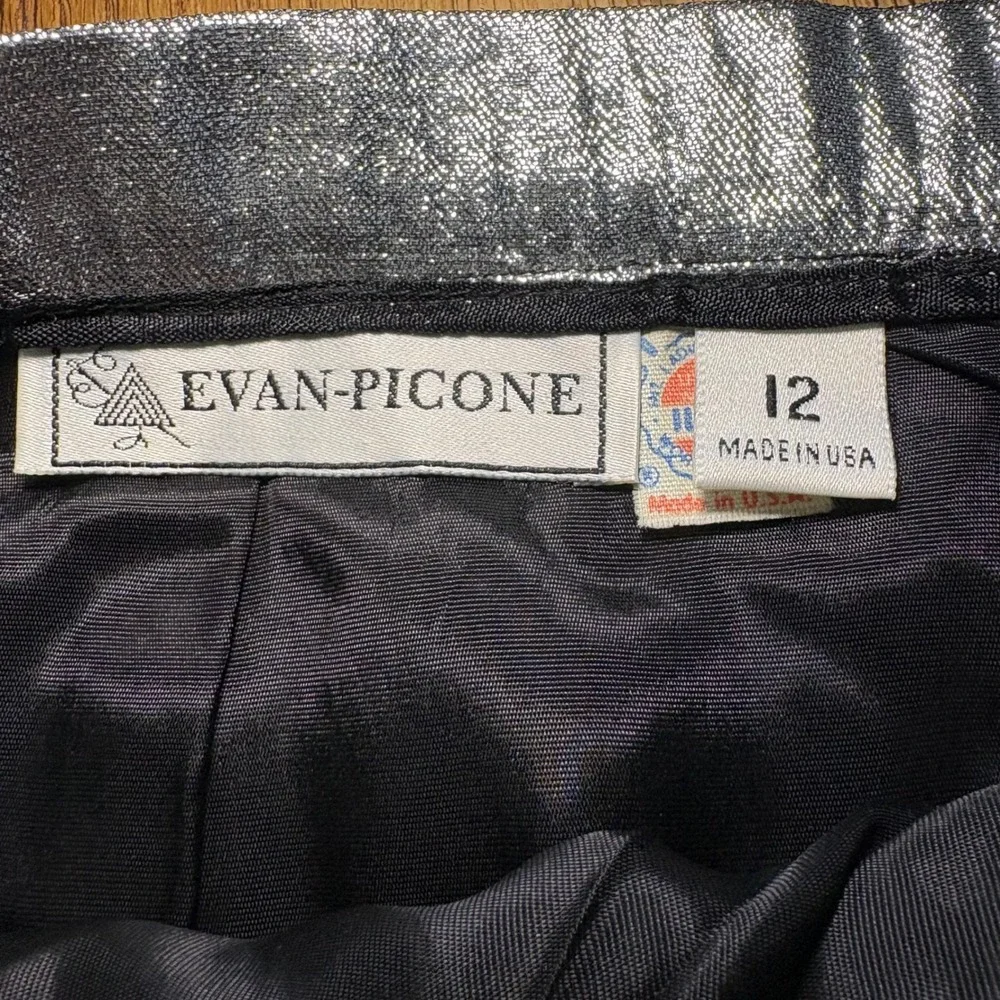 VTG 80s Evan Picone Silver Metallic Crinkle Pleated Midi Skirt ILGWU Made in USA
